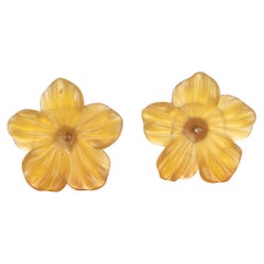 Gold Plate Yellow Agate Flower Handmade Italian Girl Carved Stud Earrings