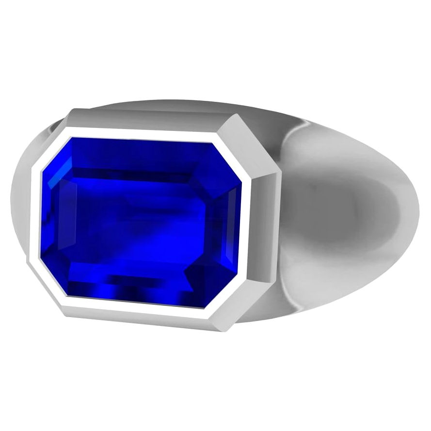 Bague unisexe en platine sculptée avec saphir bleu taille émeraude de 2,54 carats