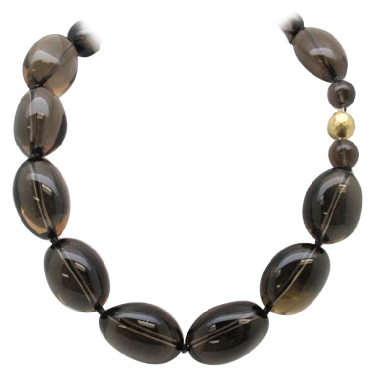Smoky Coffee Quartz Beaded Necklace with 14k Yellow Gold Clasp, 18.5 Inches
