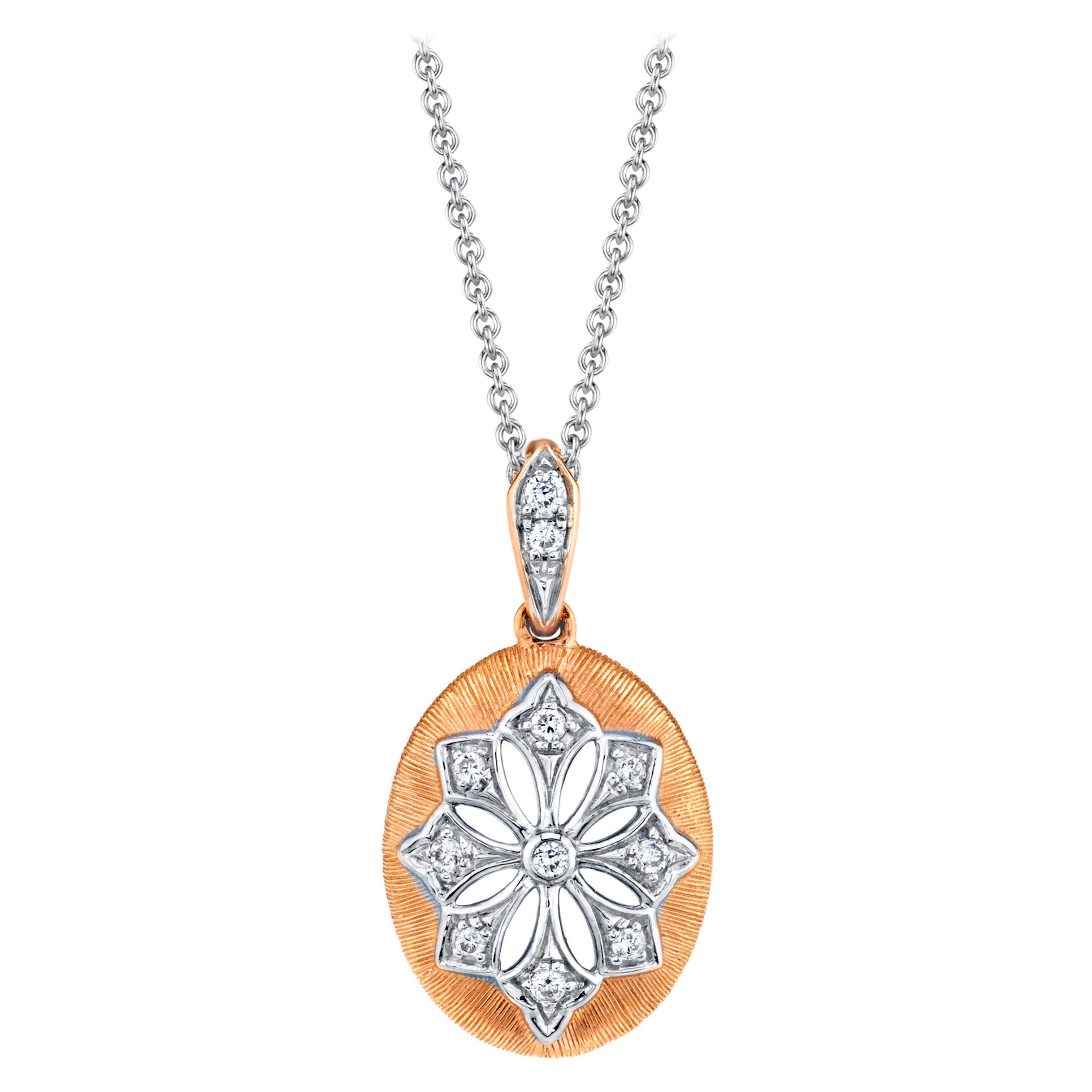 Pendentif pavé de diamants en or rose et blanc avec chaîne en or blanc de 18 pouces