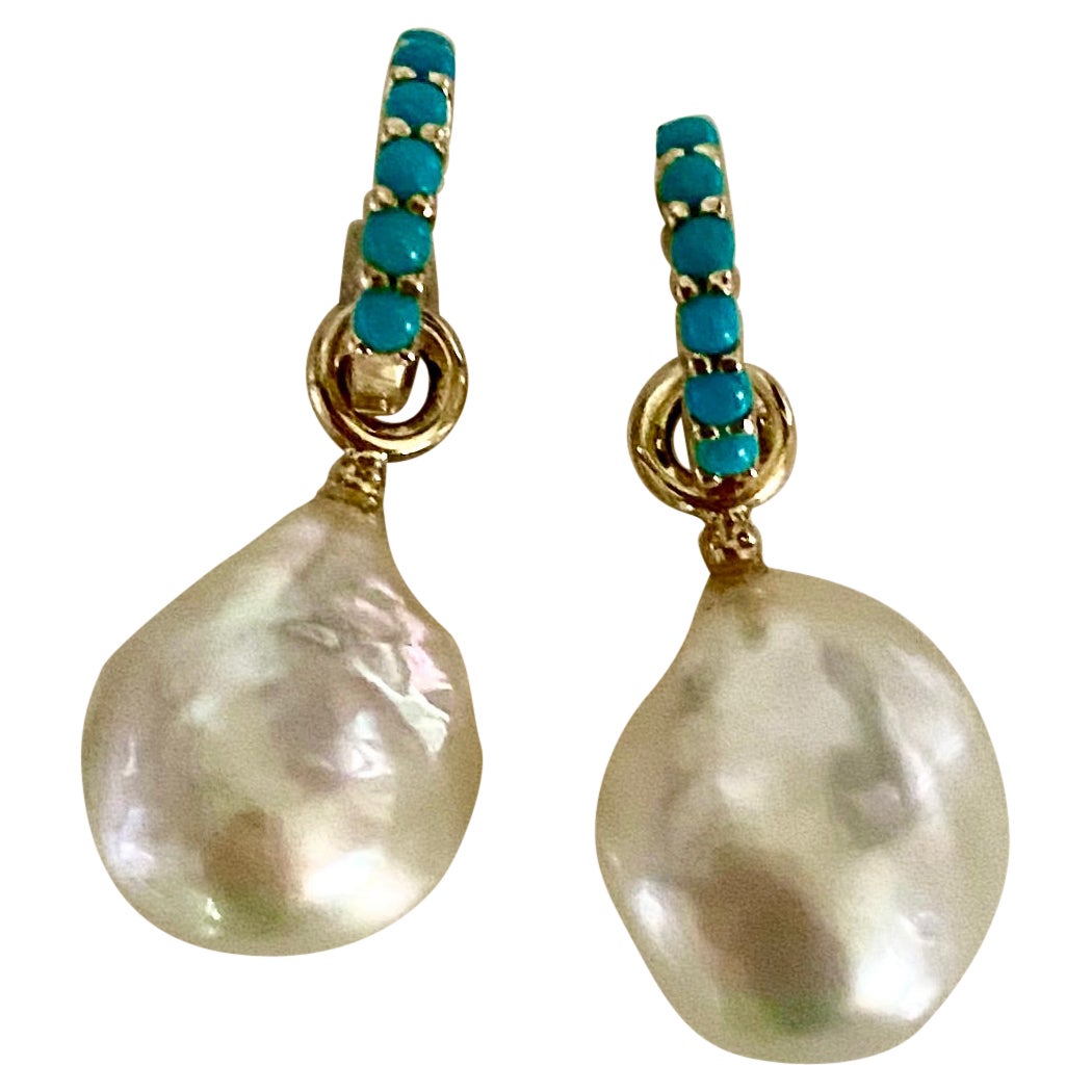 Michael Kneebone Baroque South Seas Pearl Turquoise Huggie Dangle Earrings For Sale