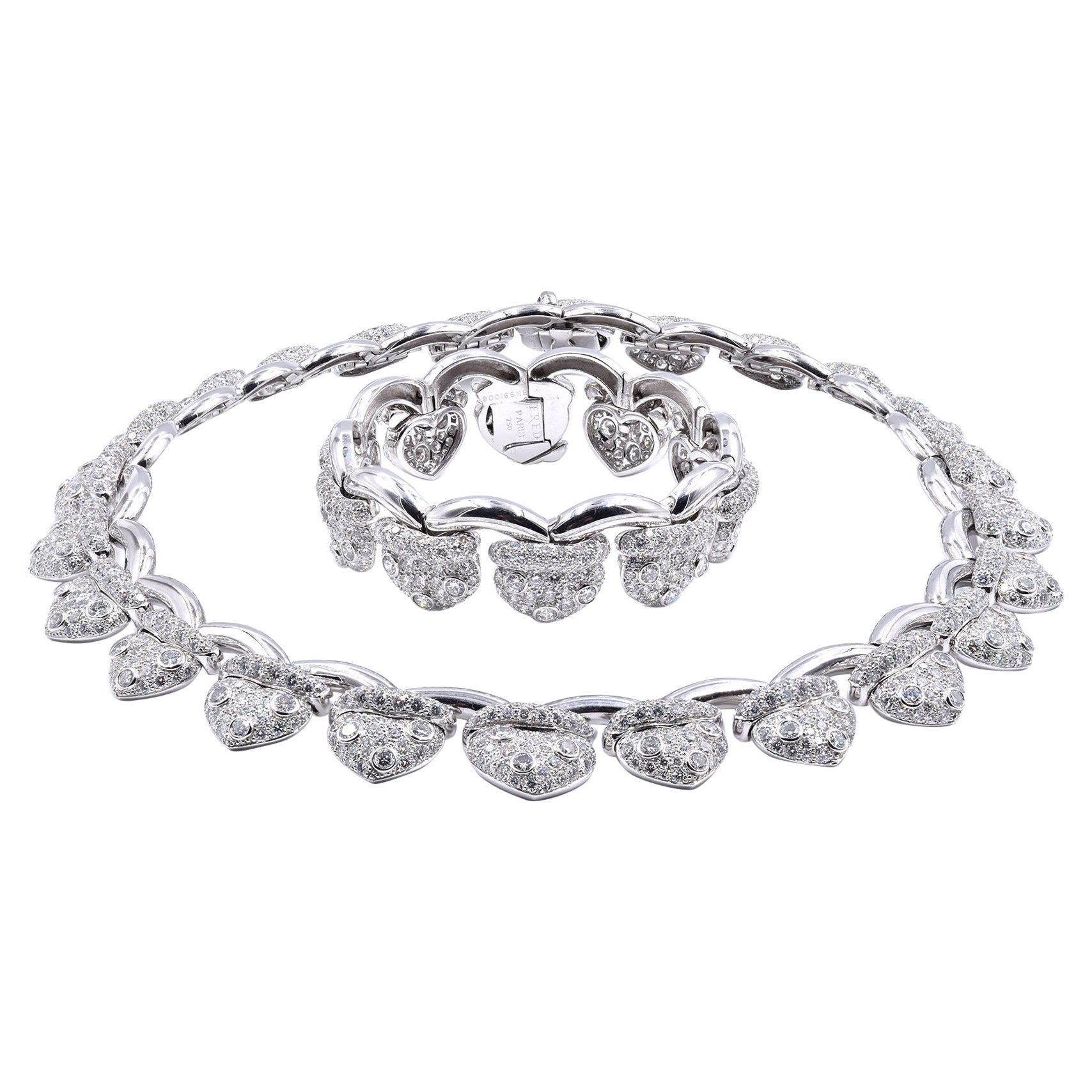 Fred 18 Karat White Gold Pave Diamond Heart Collar Necklace and Bracelet Set