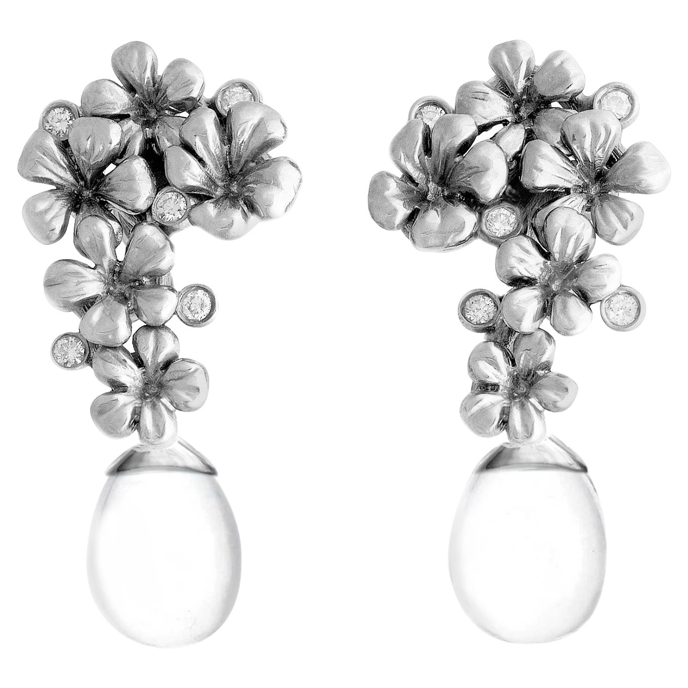 Plum Blossom Earrings by the Artist in Eighteen Karat White Gold with Diamonds For Sale