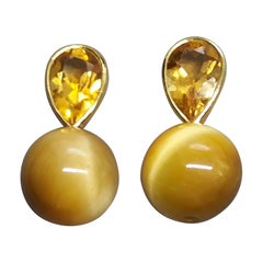 Clous d'oreilles en or 14 carats avec perles rondes en forme de poire en citrine facettée et œil de tigre doré