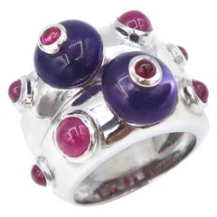 Cabochon Amethyst and Ruby 18 Karat White Gold Double Convex Ring