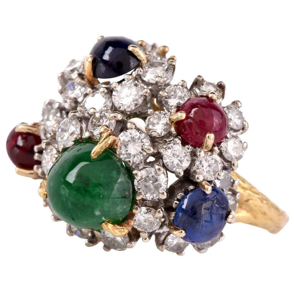 Multi-Gem Diamond Gold Floral Design Ring at 1stDibs