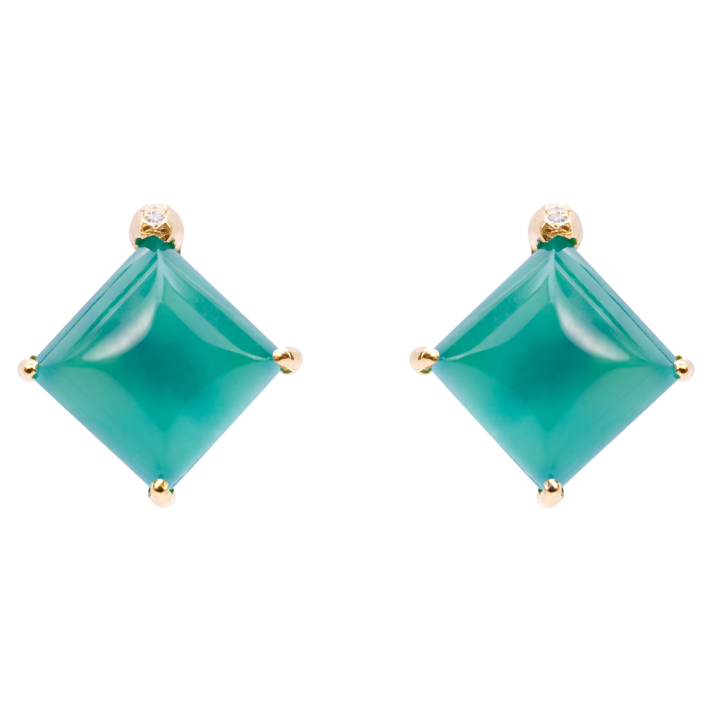 Deco Style 18 Karats Gold Green Agate White Diamonds Modern Stud Design Earrings