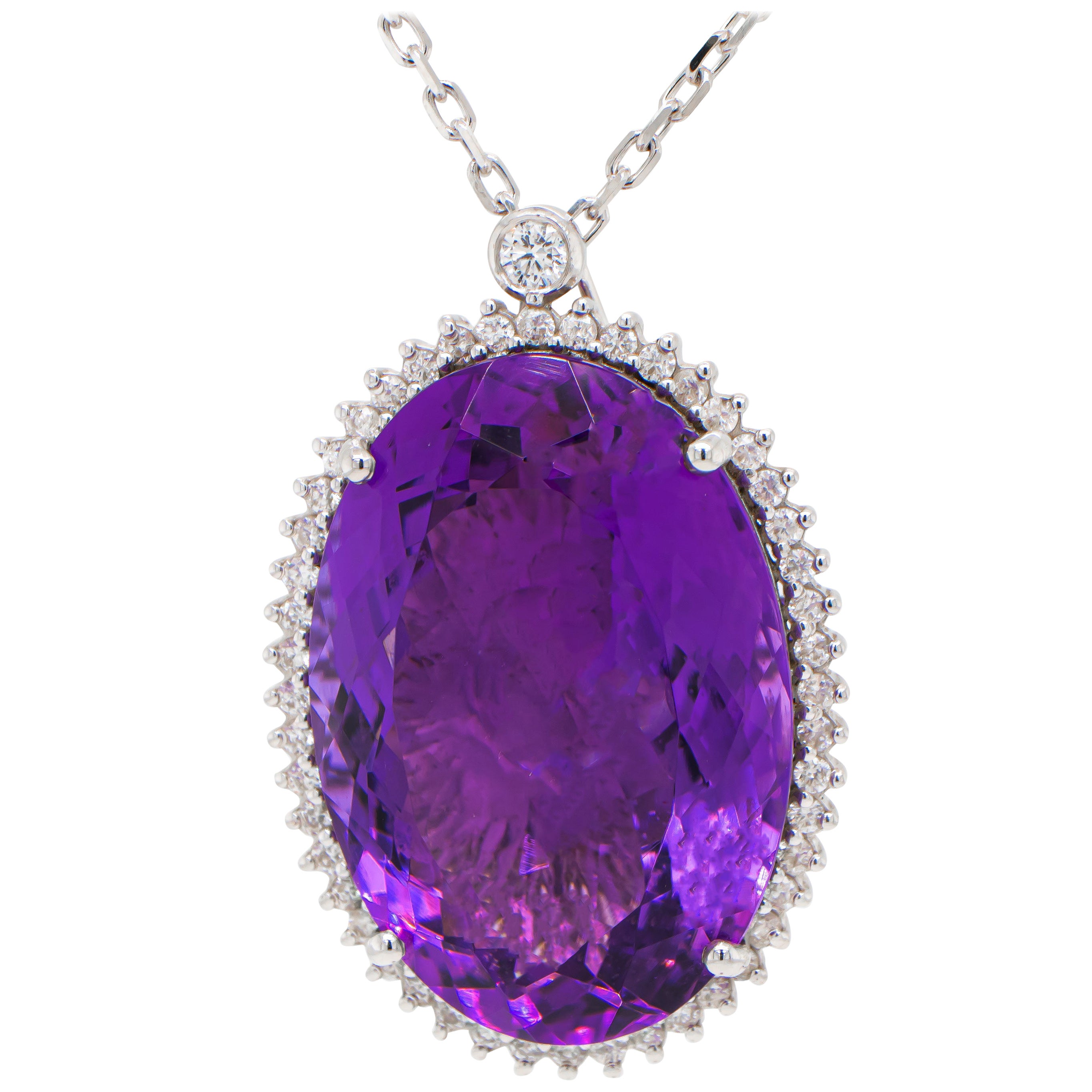 Oval Amethyst Pendant 36.5 Carats with Diamonds 18K Gold