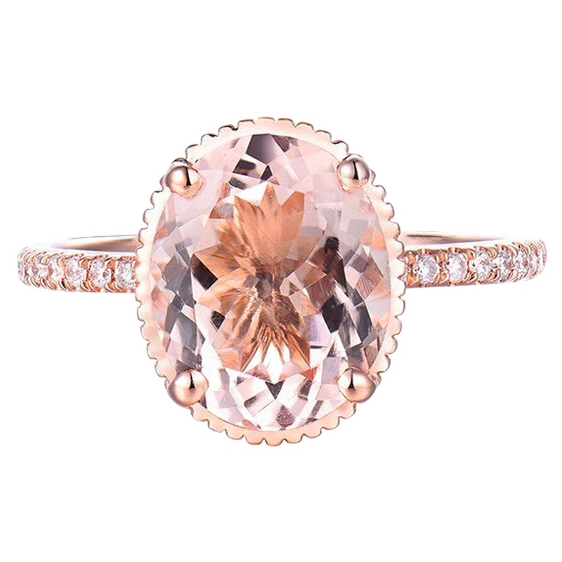 3 Carat Pink Morganite Diamond Ring 14 Karat Rose Gold For Sale