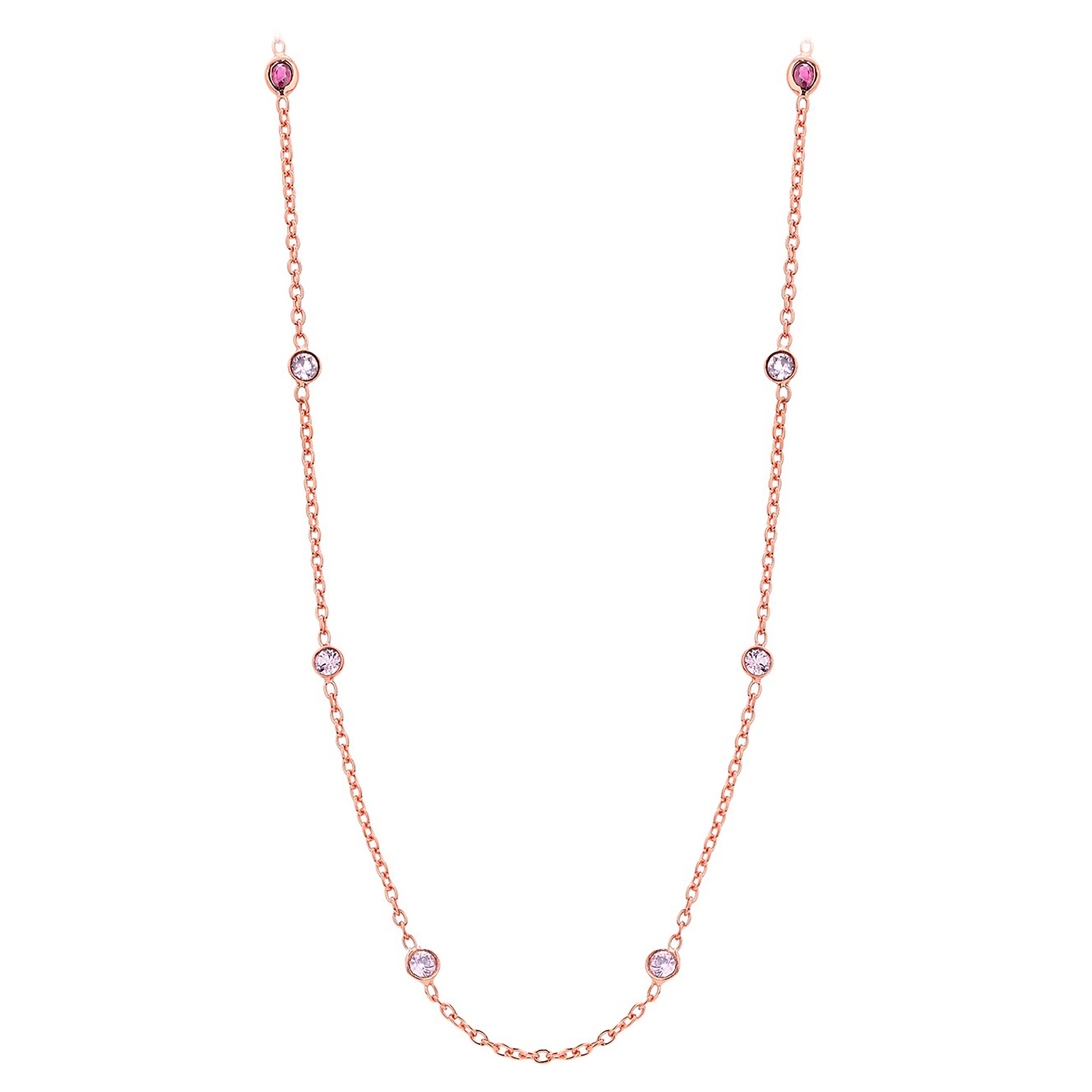 Eight Natural Pink Sapphires and Rubies Bezel Necklace Silver Rose Gold Plated