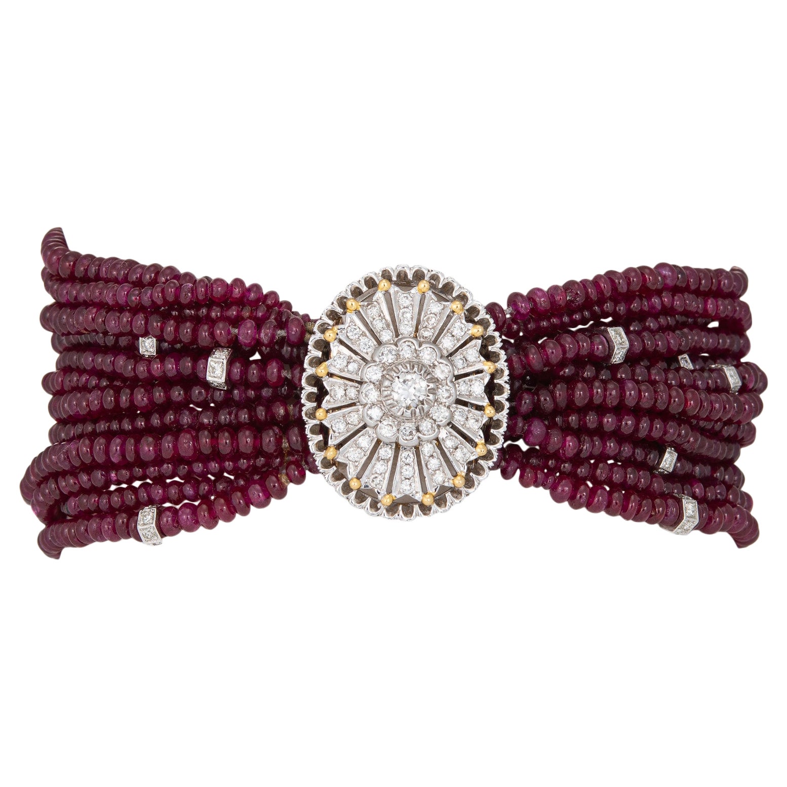 Multi Strand Ruby Bracelet Diamond Clasp Estate 18k White Gold Vintage Jewelry