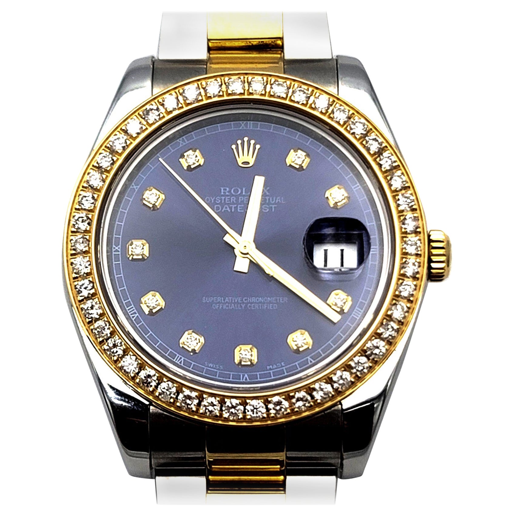 Rolex Diamond Bezel Blue Dial 18k Two Tone For Sale