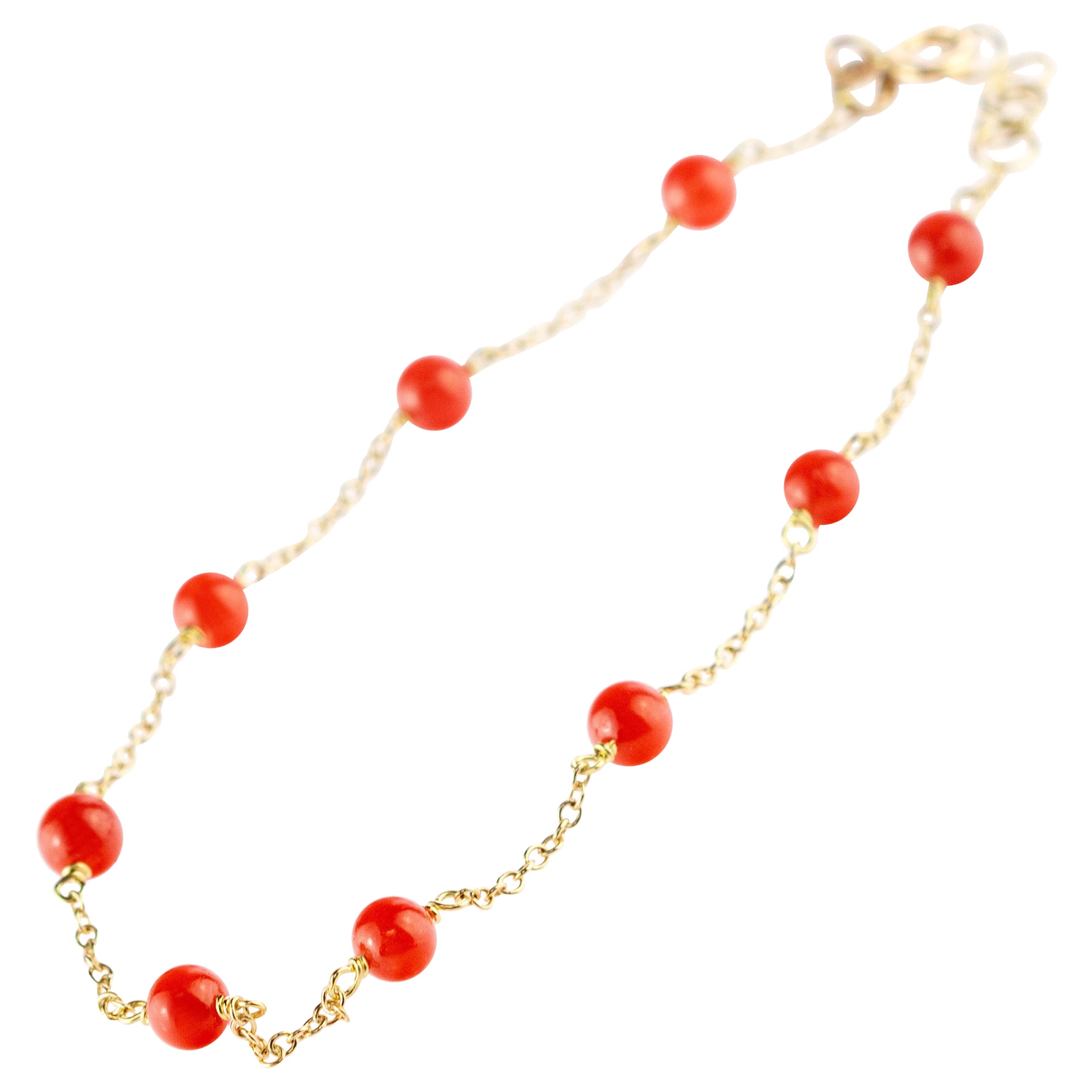 Intini Jewes 9 Karat Gold Chain Mediterranean Red Coral Spheres Anklet Bracelet For Sale