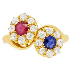 Antique Edwardian 0.30ct Ruby, Sapphire and Diamond Cluster Ring, Hallmarked 1910