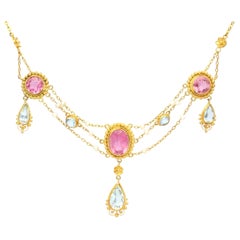 Antique 5.10 Carat Pink Tourmaline 1.93 Carat Aquamarine and Pearl Yellow Gold Necklace