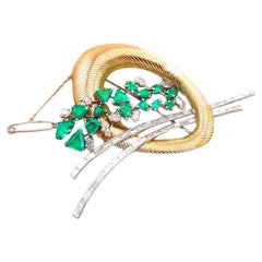 6.07 Carat Emerald and 4.05 Carat Diamond Yellow Gold and Platinum Brooch