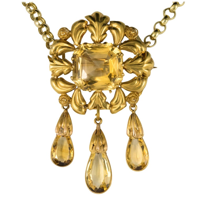 French Antique Romantic Citrine Gold Brooch Pendant For Sale at 1stdibs
