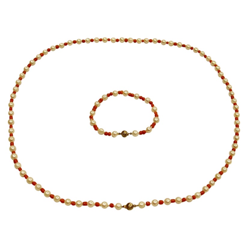 Cultered Pearl and Coral Bead Necklace with Matching Bracelet, Circa 1970