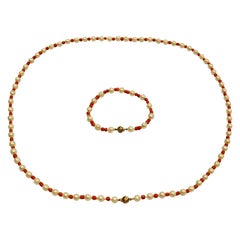 Cultered Pearl and Coral Bead Necklace with Matching Bracelet, Circa 1970