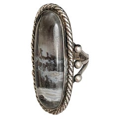 Vieille bague en argent sterling en agate mousse cabochon