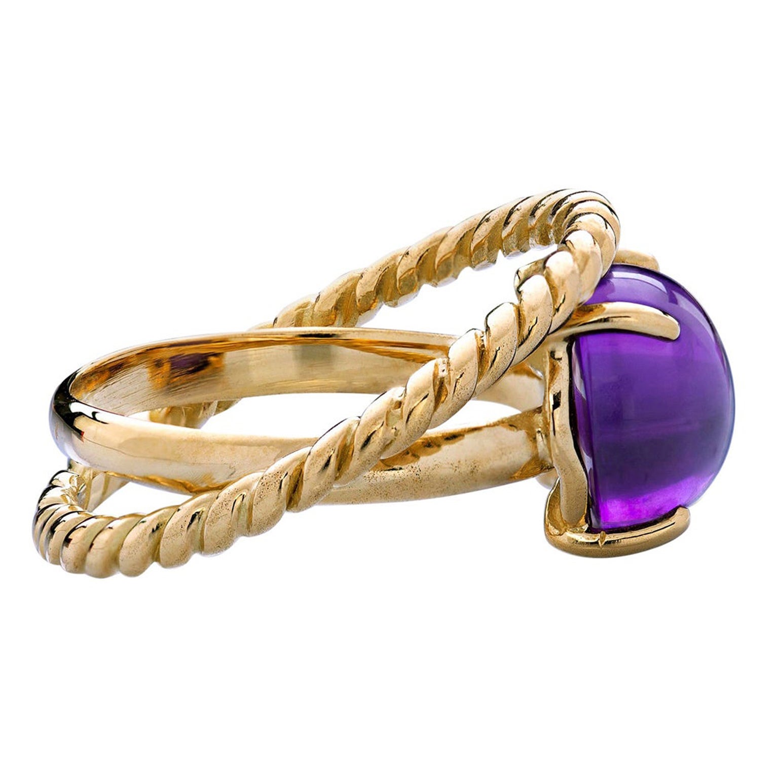 Amethyst 18 Karat Yellow Gold Twist LoveModern Handcrafted Cabochon Design Ring For Sale