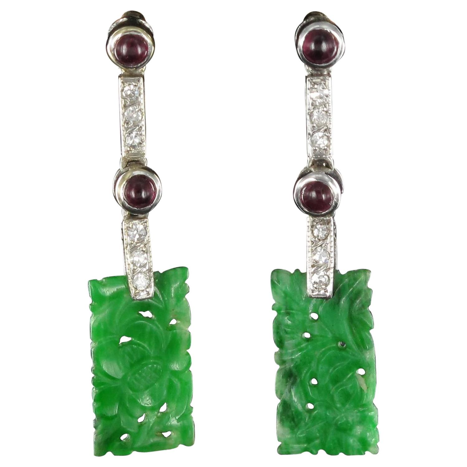 Art Deco Style Jade Ruby Diamond Gold Drop Earrings For At 1stdibs
