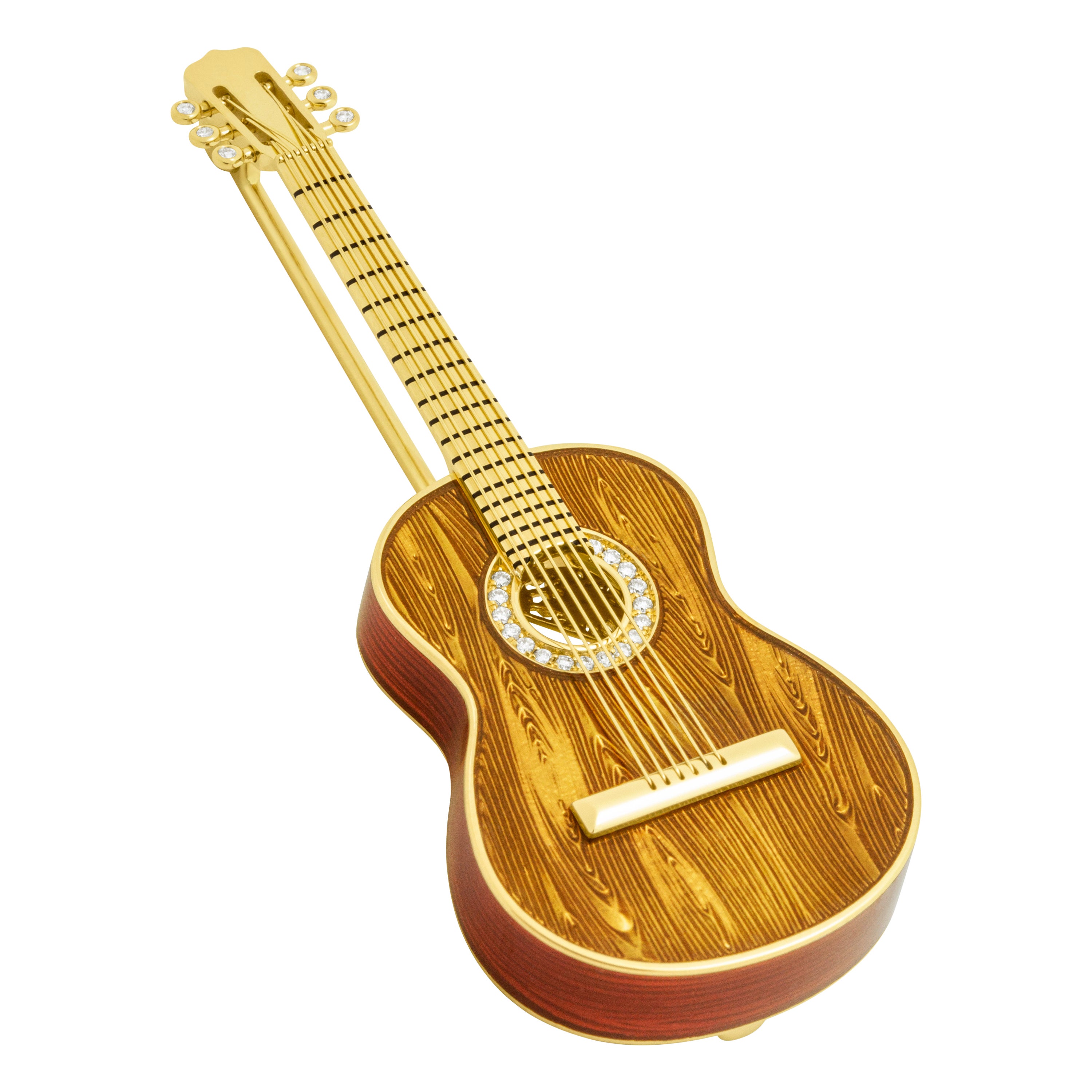 Gitarrenbrosche aus 18 Karat Gelbgold mit Diamanten und Emaille im Angebot