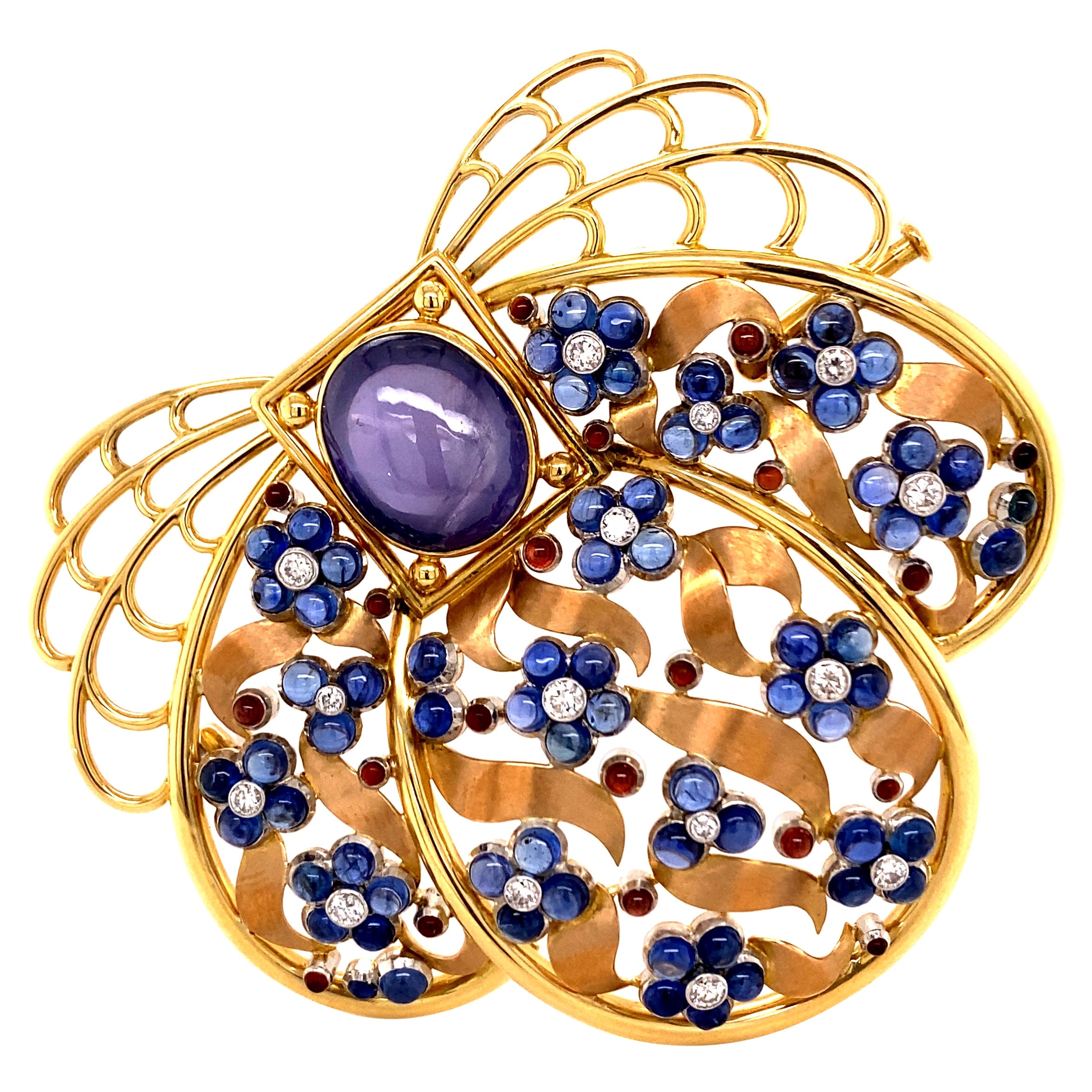 Unique Sapphire and Diamond Brooch by Meister in 18 Karat Gold
