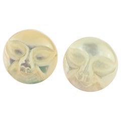 Mother of Pearl Carved Sun Moon Face 18 Karat Yellow Gold Handmade Stud Earrings