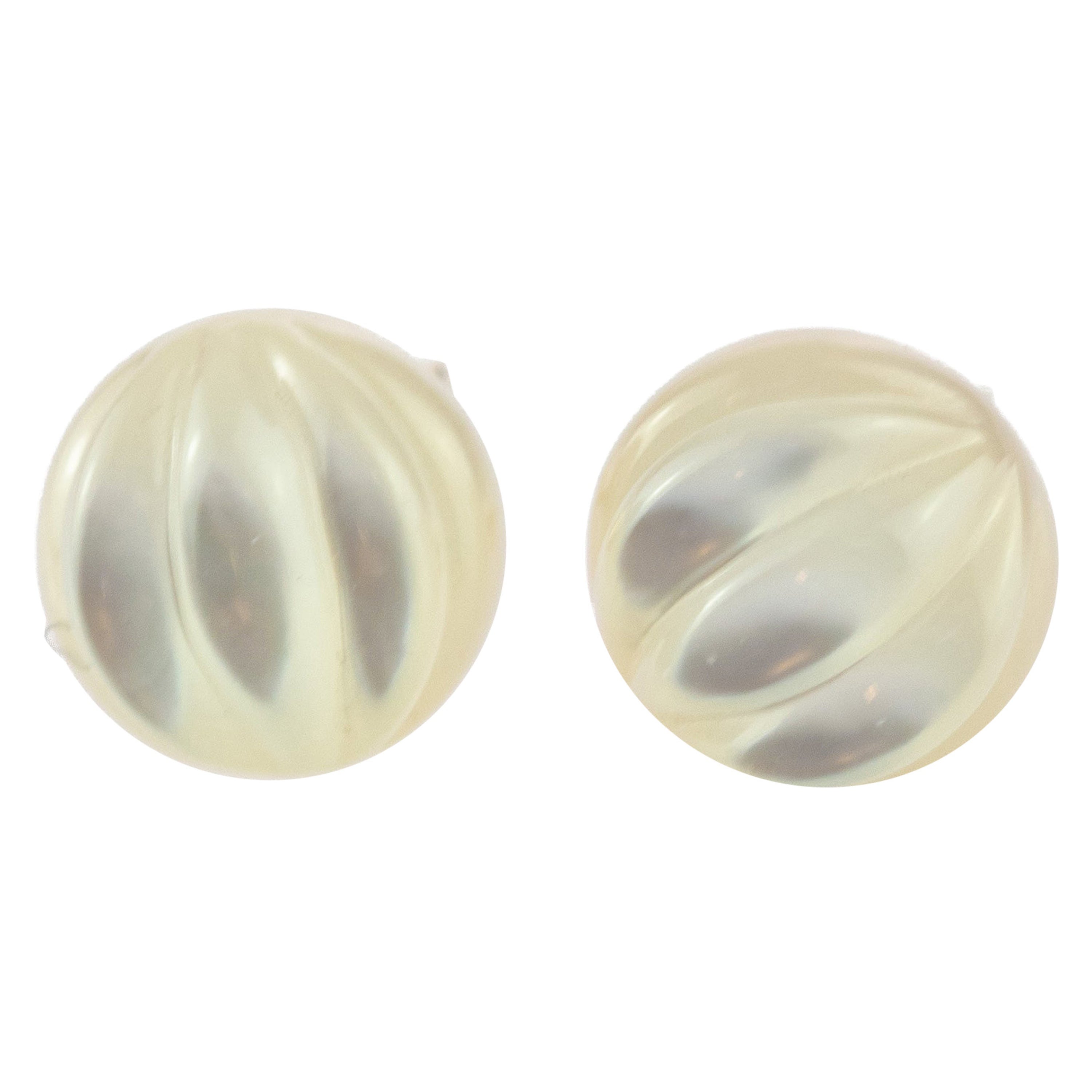 Mother of Pearl Carved Carved Cabochon 18 Karat Gold Handmade Stud Earrings For Sale