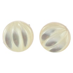 Mother of Pearl Carved Carved Cabochon 18 Karat Gold Handmade Stud Earrings