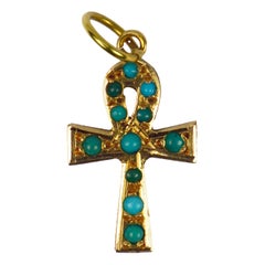 Vintage 18K Yellow Gold Turquoise Ankh Charm Pendant