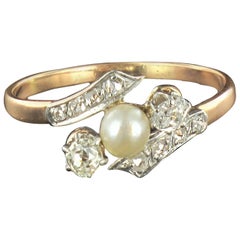 French Antique Fine Pearl Diamond Gold Ring