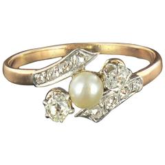 French Antique Fine Pearl Diamond Gold Ring 4