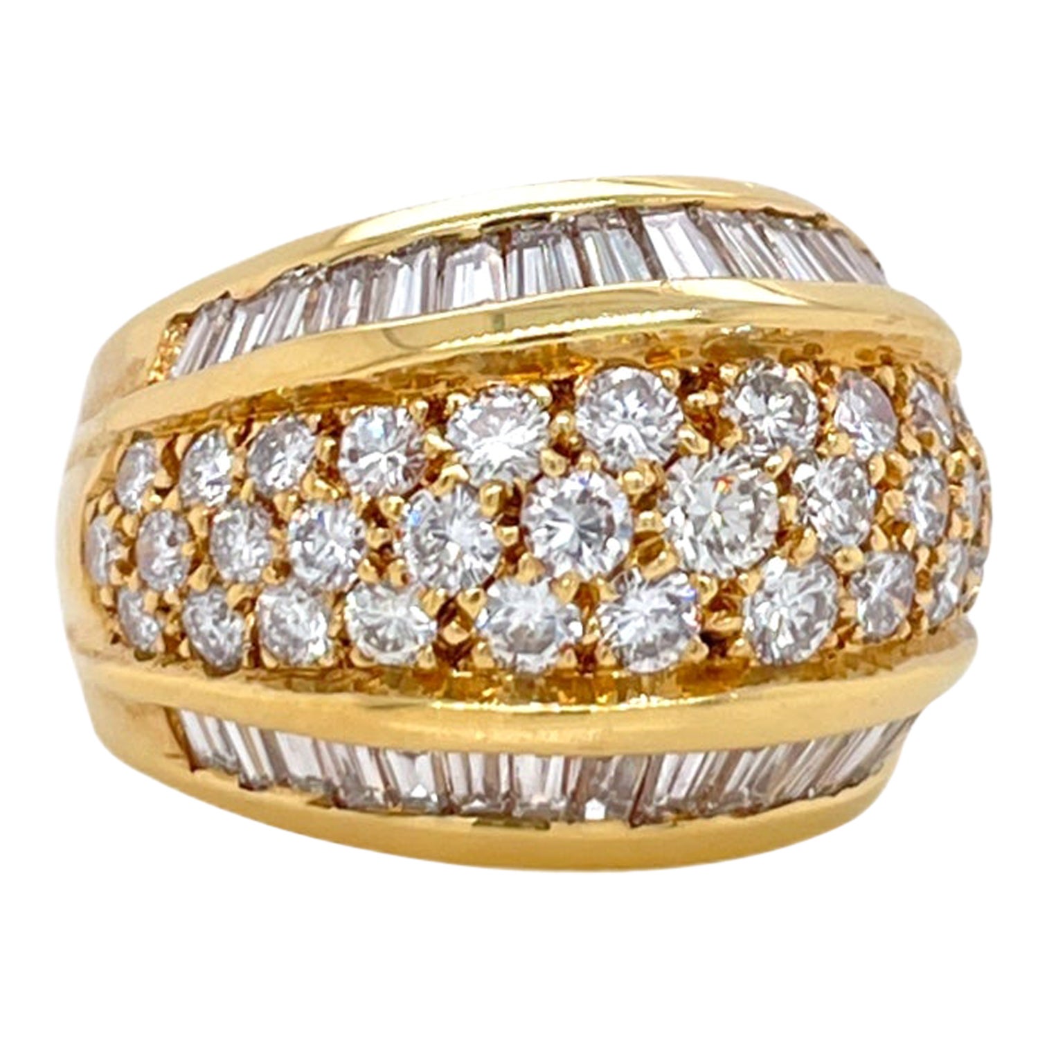 Wide Dome Baguette & Round Diamond Ring in 18K Yellow Gold