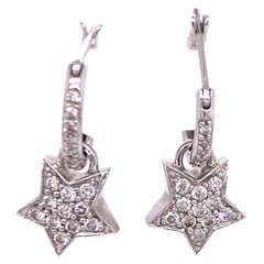 Diamond 18 Karat White Gold Hoop Star Dangle Earrings