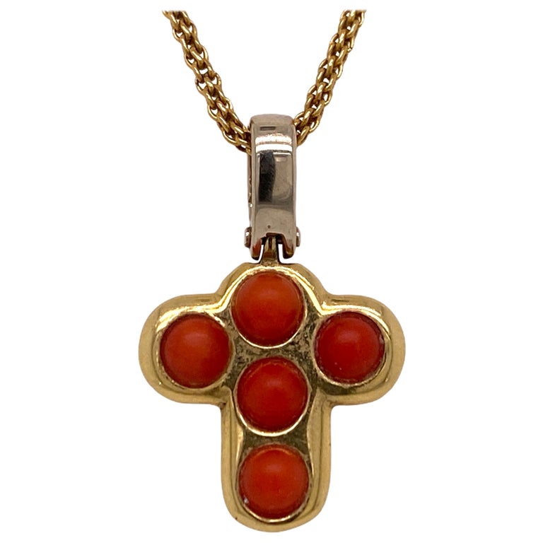 Italian Coral 18 Karat Yellow Gold Cross Pendant Necklace For Sale at ...