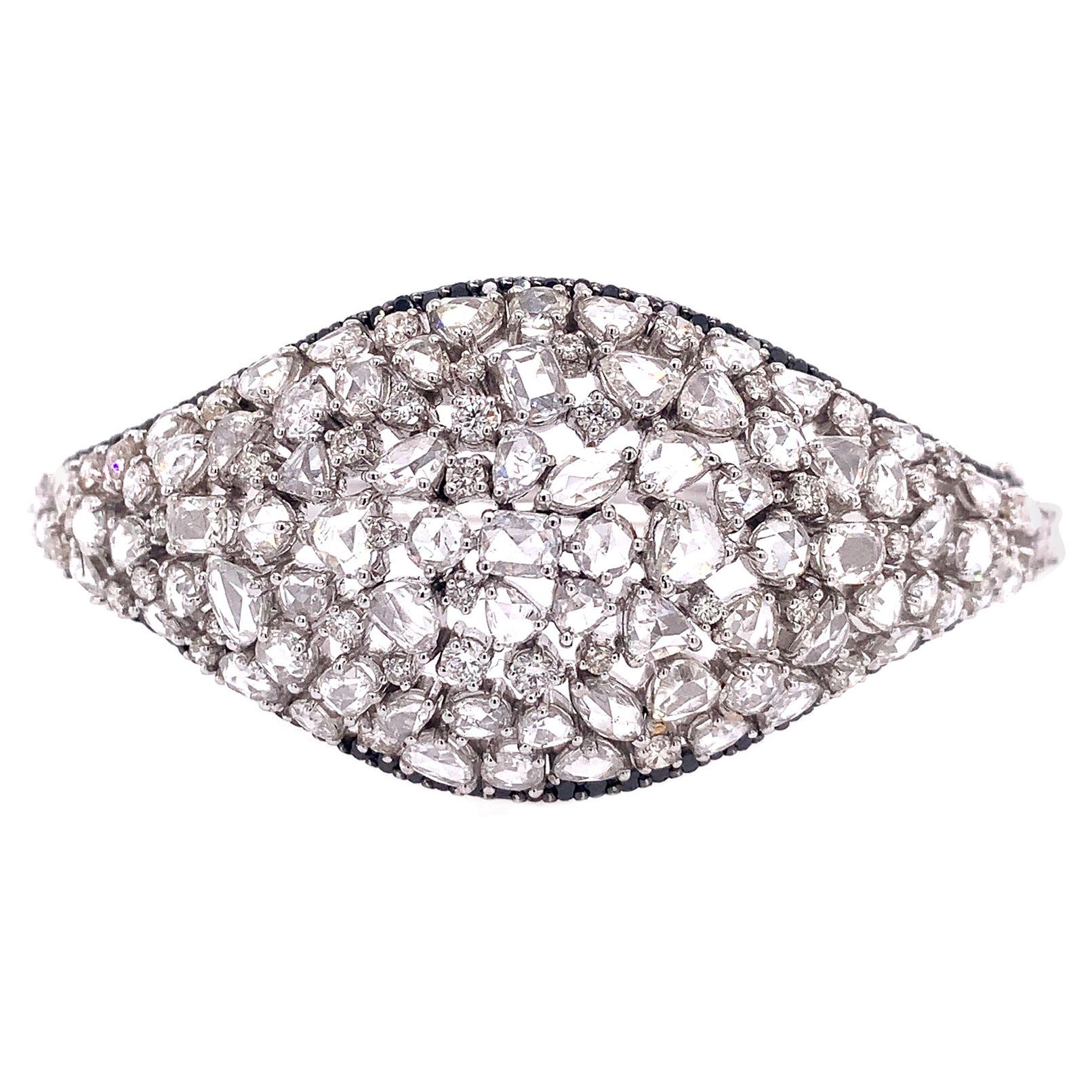 RUCHI Rose-Cut White Diamond with Black Diamond Pavé White Gold Bangle  For Sale