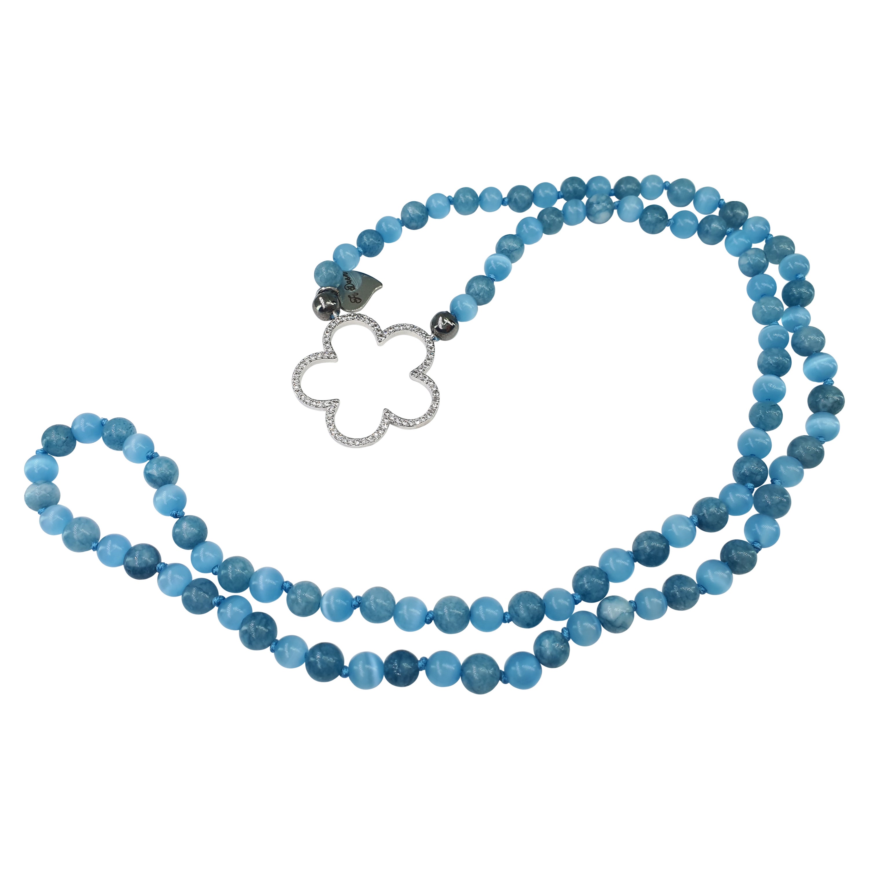 Aquamarine Light Cat Eye Beads Sunglasses Necklace with Flower