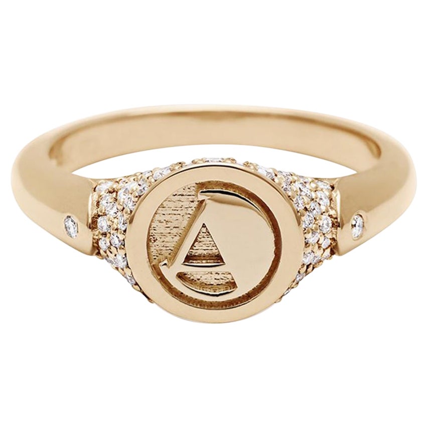 Anna Sheffield 14k Yellow Gold White Diamond Pave Monogrammed Signet Ring For Sale