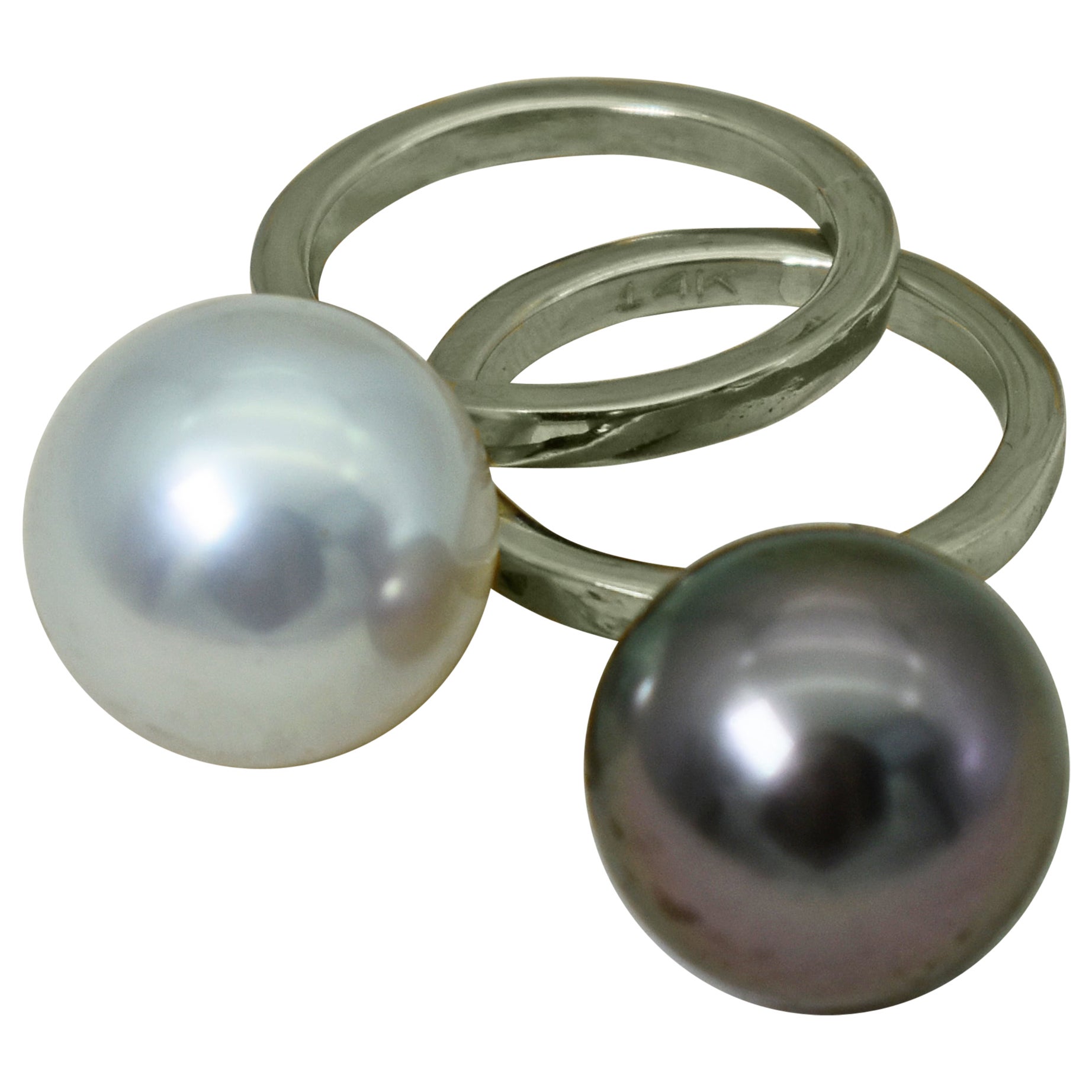 Tahitian and Freshwater Pearl 14 Karat White Gold Stacking Fashion Rings For Sale