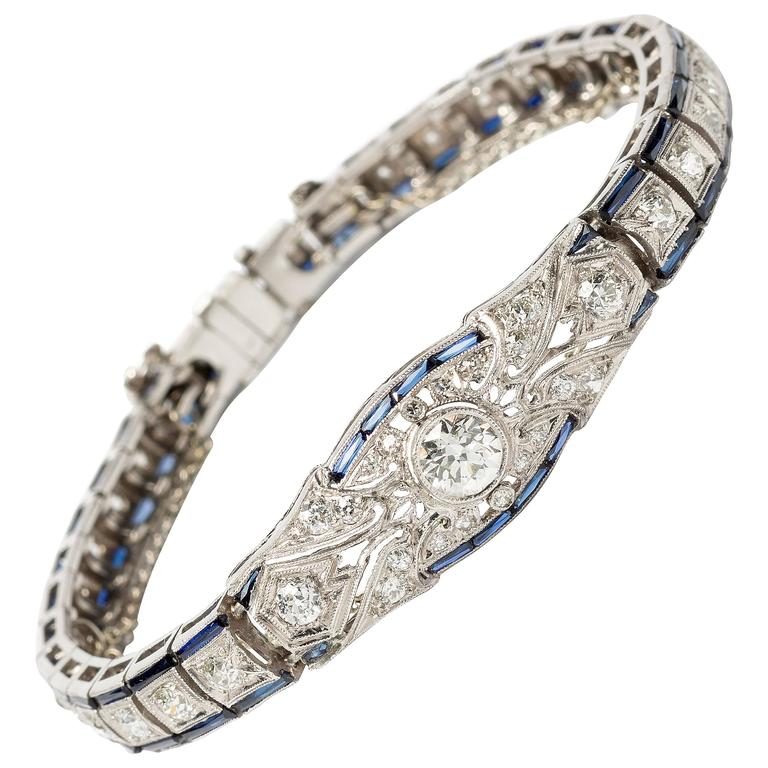 1920s Art Deco Sapphire Diamond Gold Platinum Bracelet at 1stDibs