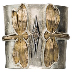 Cuff Bracelet 0.18Karat Diamonds 18 Karat Gold Plated ModernSilver Dragonfly 