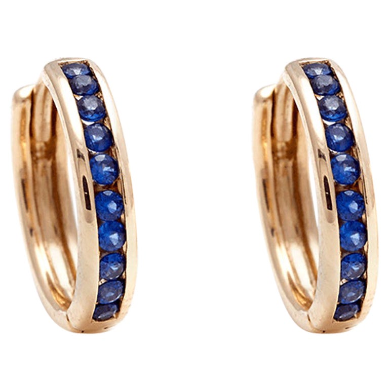 Anna Sheffield 14 Karat Gold Blue Sapphire Licol Hoop Earrings For Sale