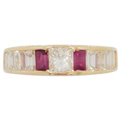 Estate White Diamond and Ruby Baguette Band Ring in 18k Yellow Gold