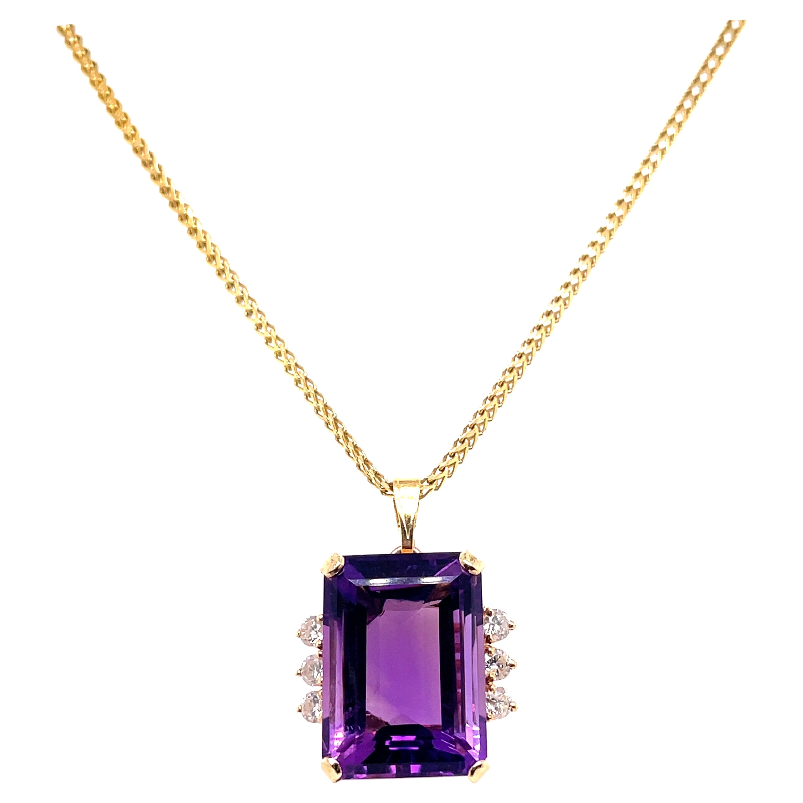 Collier italien vintage en or 14 carats avec diamants et améthyste violette