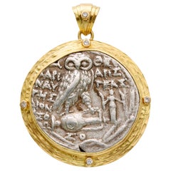 Ancient Greek 2nd Century BC Athena Owl Coin Diamonds 18K Pendant