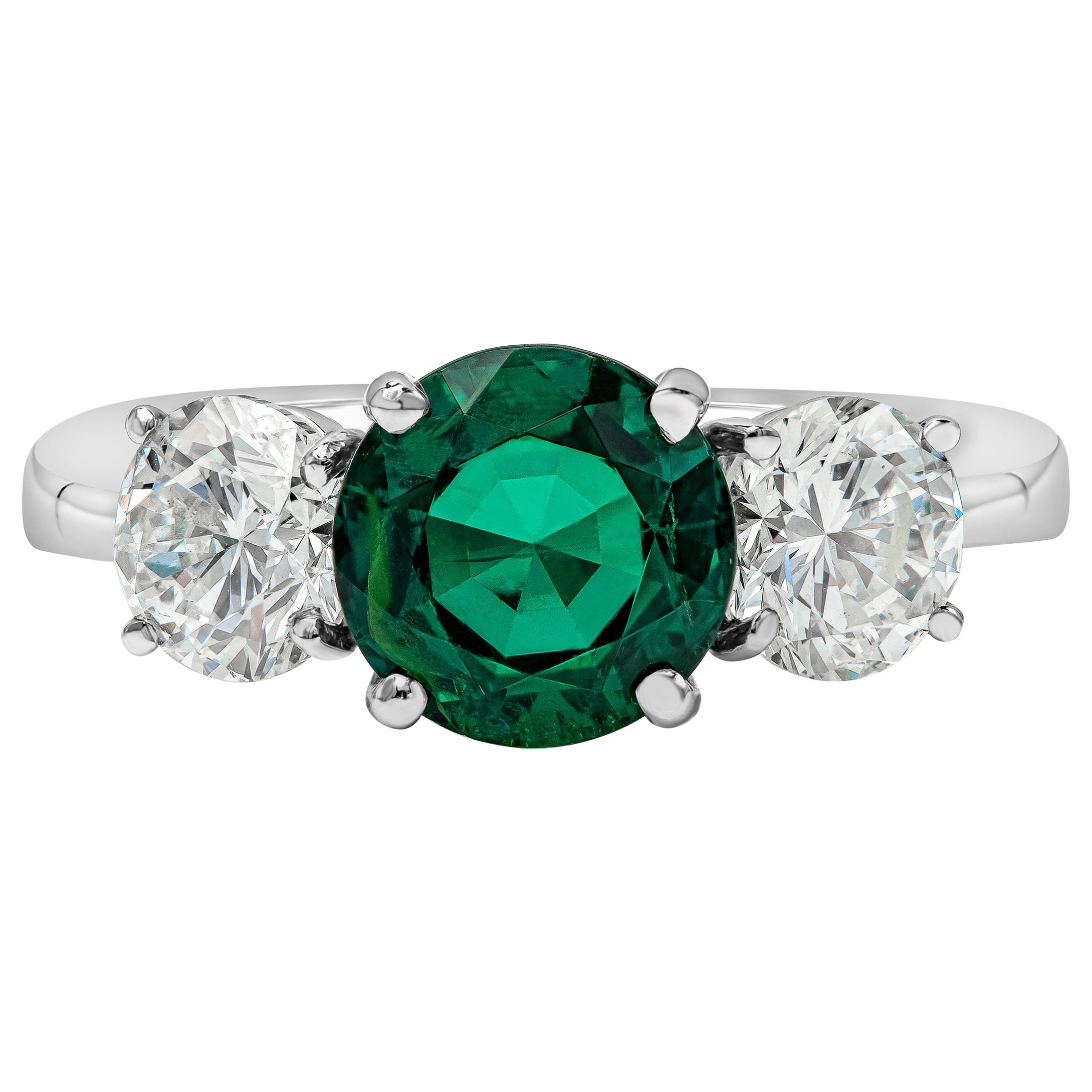 1.87 Carat Round Cut Rare Russian Green Emerald and Diamond Engagement Ring