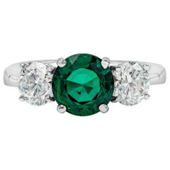 Anillo de compromiso de diamantes y esmeraldas de talla redonda certificado por el GIA de 1,87 quilates