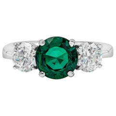 1.87 Carat Round Cut Rare Russian Green Emerald and Diamond Engagement Ring